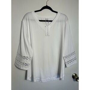 Xieerduo Women's White V-Neck Top XXL 3/4 Lace Hollow Out Sleeve Blouse Dressy